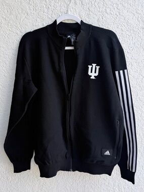 IU Indiana University Adidas Black Bomber Jacket with White Stripe Sleeve
